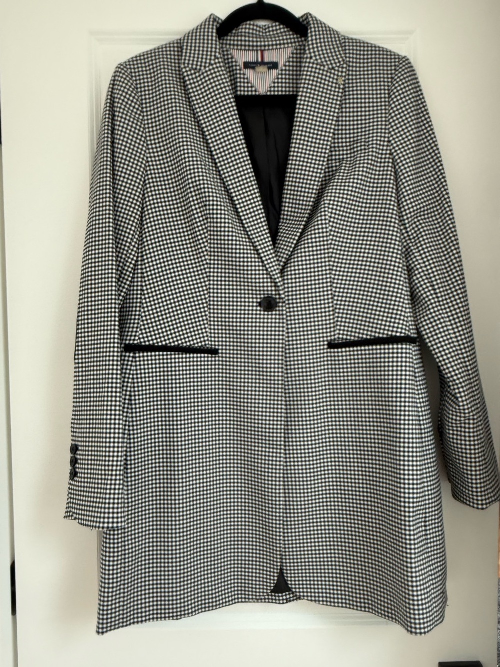 Tommy Hilfiger Black and White Houndstooth Long Blazer Jacket Sz 10